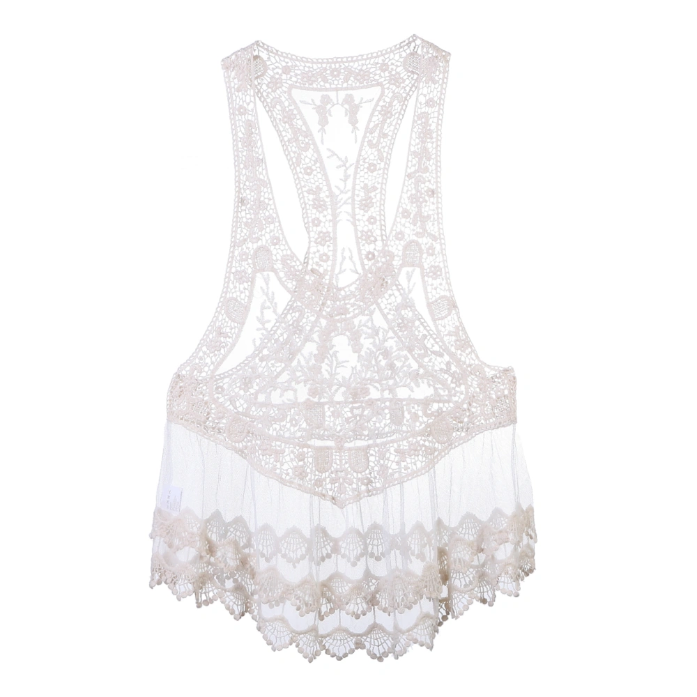 Women Bikini Cover Up, Solid Color Hollow Sleeveless Floral Lace Smock