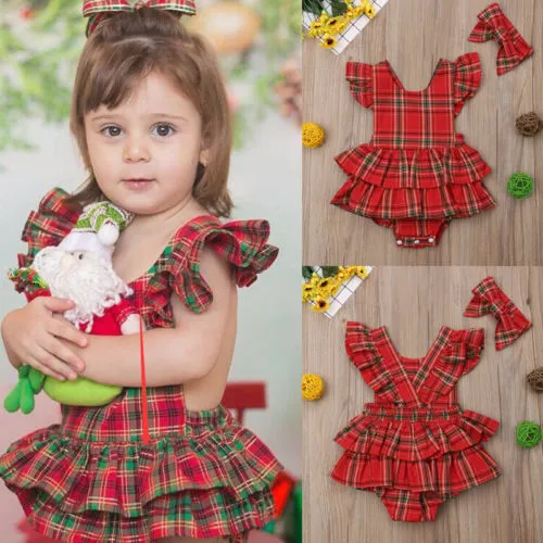 Baby Girl's Ruffle Plaid Romper Classic Check Bodysuit with Headband