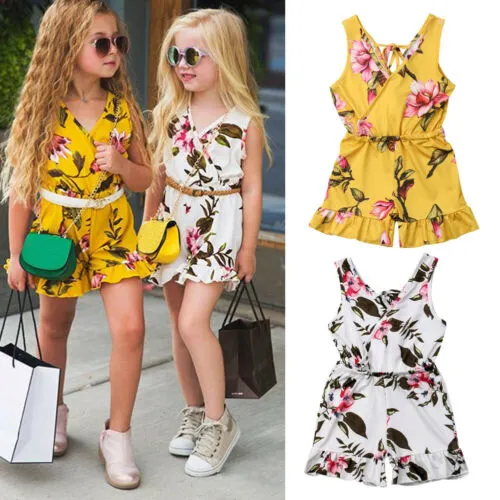 Baby Girl Sleeveless Jumpsuit V Neck Flower Print Ruffles Shorts Romper