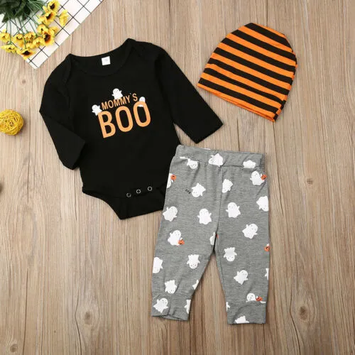 Girls Halloween Black Long Sleeve Romper + Ghost Print Pants + Hat