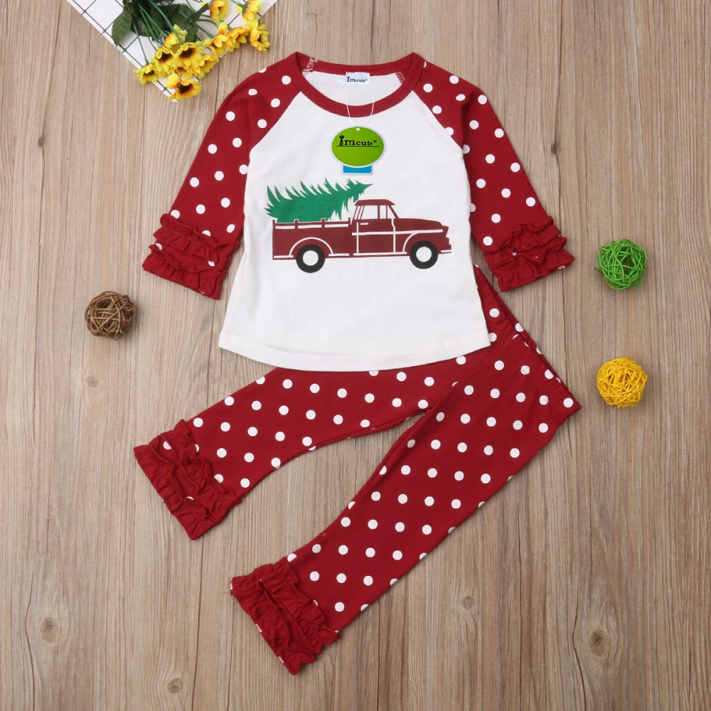 Girl's Christmas Tree Truck Print T-shirt with Polka Dots Long Pants