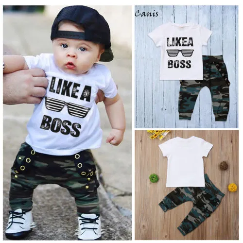 Baby Boy Short Sleeve Letters Glasses T-shirt + Camouflage Long Pants