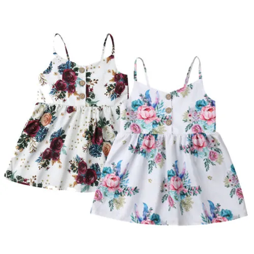 Baby Girls Summer Sleeveless Dress Flower Print Backless Button Sling Sundress