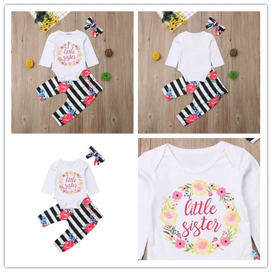 Girl's Long Sleeve Romper with Flower Striped Long Pants and Headband