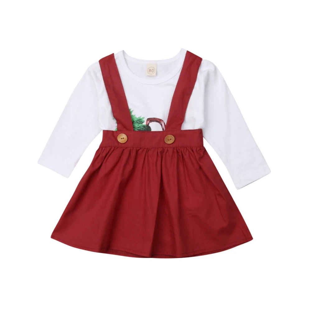 Girl's Autumn White Long Sleeve Tops + Red Pleated Suspender Skirt