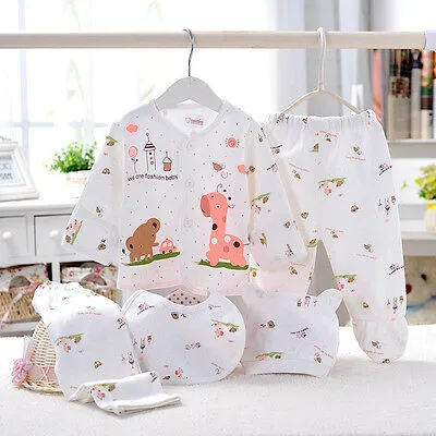 Newborn Baby Underwear Set Long Sleeve Tops+Long Pants+Footed Bottoms+Hat+Bibs