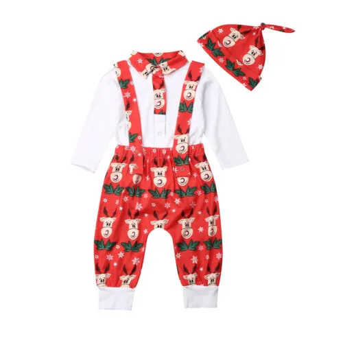 Baby Long Sleeve Romper, Long Reindeer Suspender Pants, Beanie Hat