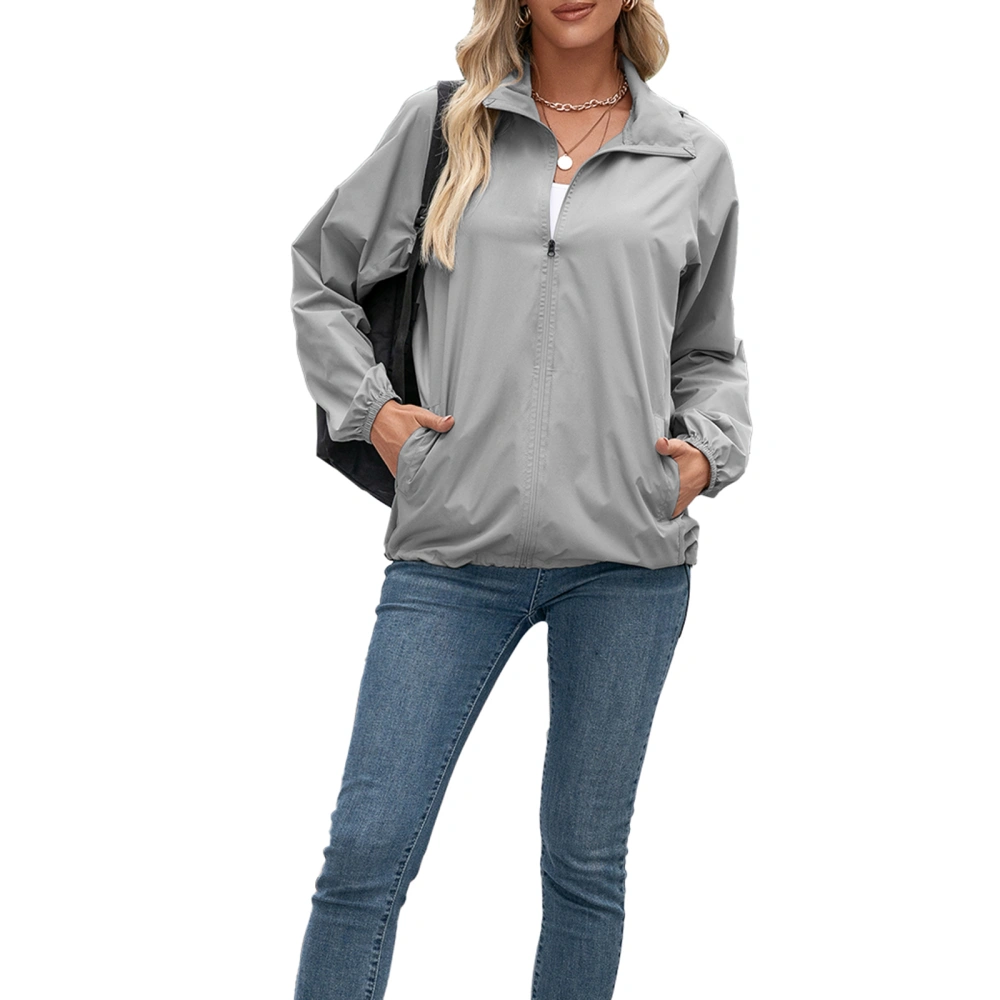 Women Water Resistant Jacket, Solid Color Zipper Open Front Coat