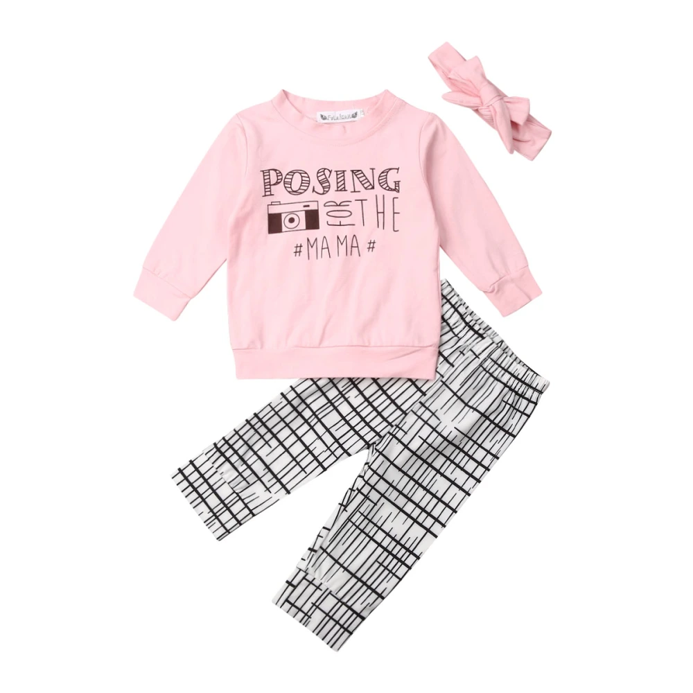 Baby Girl Trousers Suit Bowknot Hairband Printed Top Plaid Stretch Pants Set