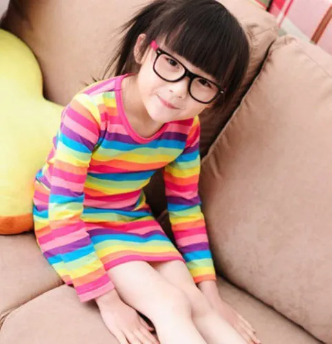 Girls Autumn Outfits, Bright Rainbow Color Stripes O-Neck Long-Sleeves Dress