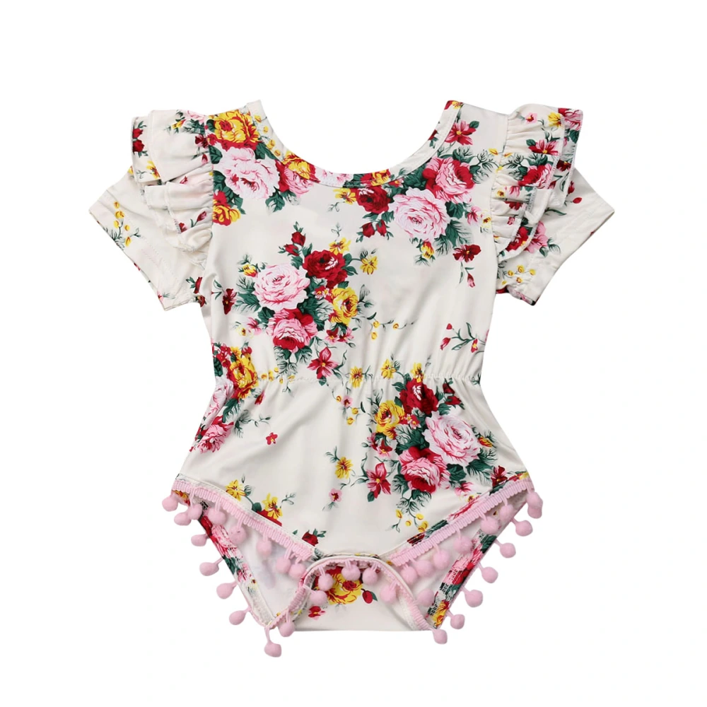 Summer Newborn Girls Bodysuit, Floral Pompoms Ruffled Jumpsuit