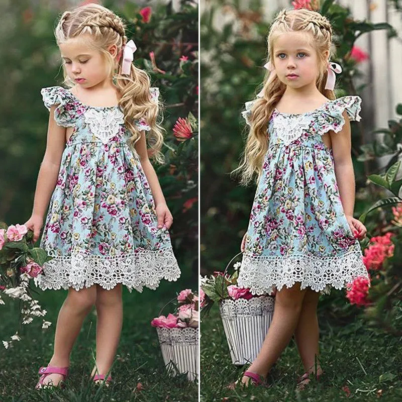 Baby Girls Summer Floral Dress Ruffle Sleeve Backless Lace Patchwork Sundress