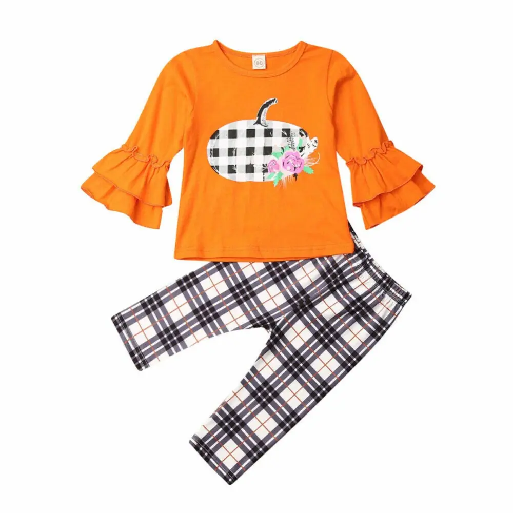 Girl's Autumn Yellow Long Sleeve Pumpkin Print Tops + Plaid Pants