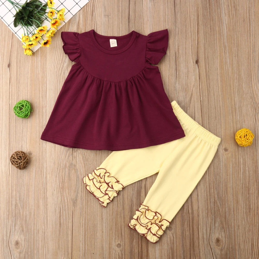 Girl's Solid Color Ruffles Short Sleeve T-shirt Tops with Leggings