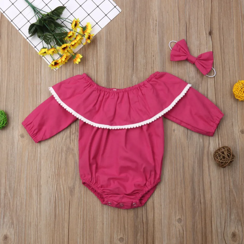 Baby Girl's Long Sleeve Tassels Romper Bodysuit Top + Bowknot Headband