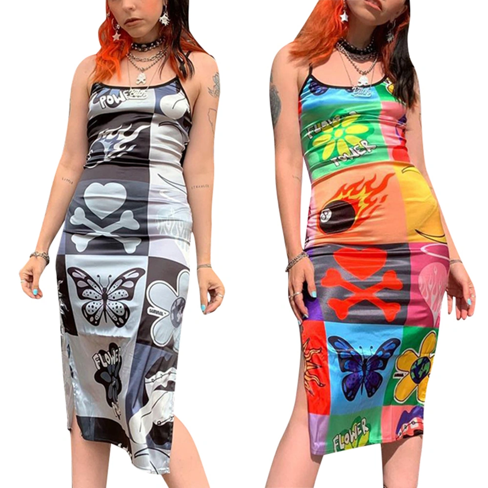 Women’s Multicolor Printing Backless Suspender Split Tight Midi Dress