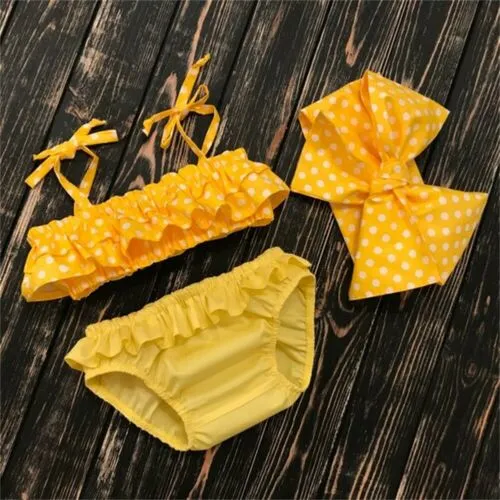 Little Girls 3PCS Bikini Set, Polka Dot Crop Bra, Ruffle Panty, Bow Hair Band