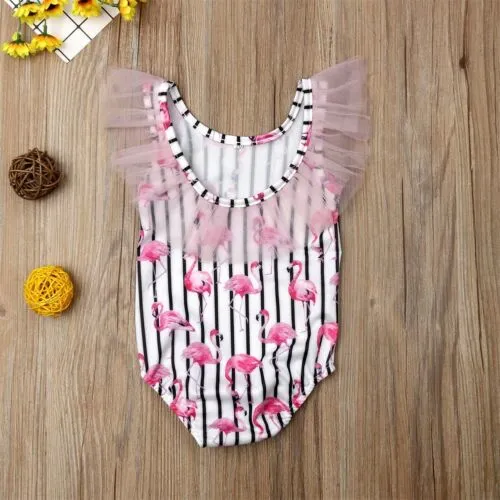 Girl Flamingo Print Swimwear One-Piece Stripe Sleeveless Bathing Suit