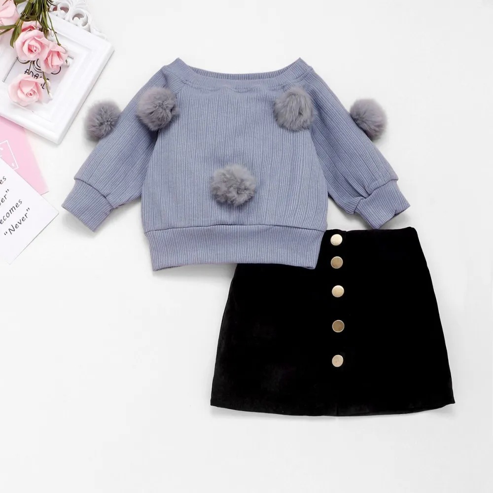 Baby Girl Clothes Set, Knit Sweater with Balls+Button-up Half Skirt