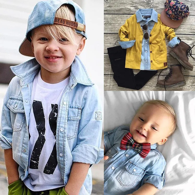 Baby Boys Girls Solid Color Shirt Adjustable Sleeve Button Down Denim Top