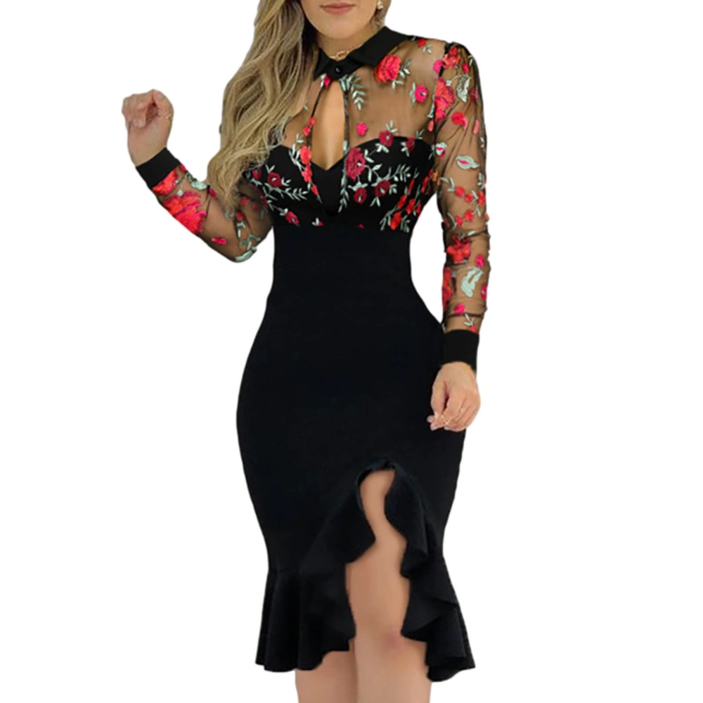 Embroidery/Sequin See-through Mesh Sleeve Cutout Ruffle Dress