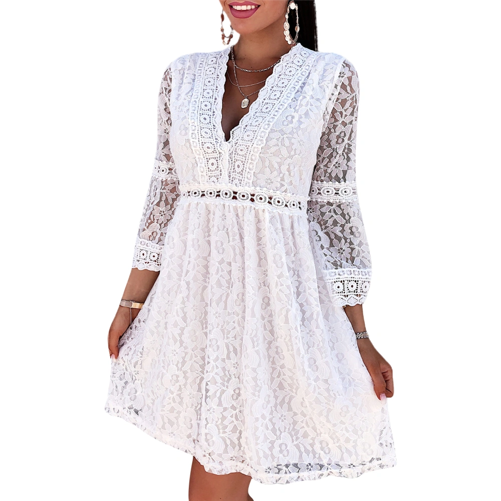 Women's Casual Dress, Lace See-Through 3/4 Sleeve Deep V-Neck Dresses