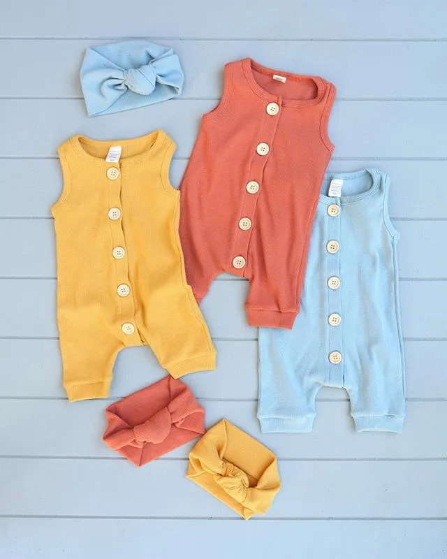 2Pcs Outfit Newborn Baby Sleeveless Solid Jumpsuit + Bow Headband