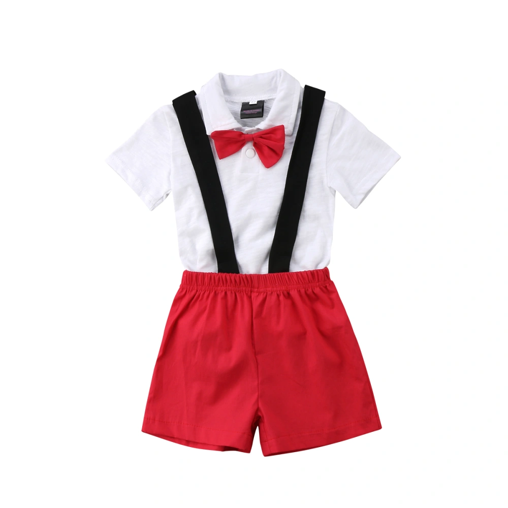 Baby Boy's White Short Sleeve Turn Down Collar T-shirt + Red Suspender Shorts