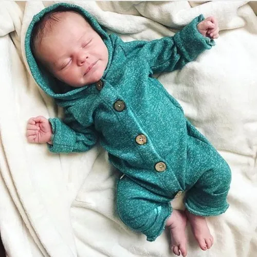 Newborn Baby Unisex Autumn Romper, Boys Girls Solid Hooded Jumpsuit