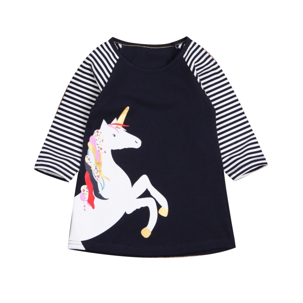 Baby Girls Long Sleeve T-shirt Dress Unicorn Striped Pattern Round Neck Dress