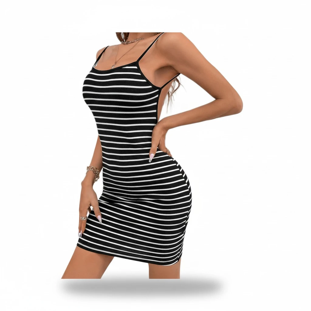 Women Bodycon Dress, Spaghetti Straps Striped Open Back Mini Dresses