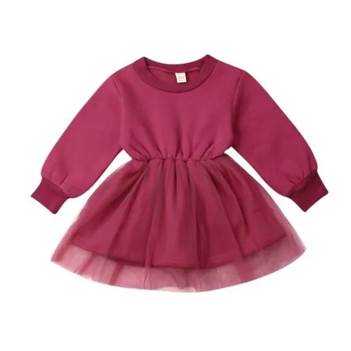 Baby Girl Dress Long Sleeve Round Collar High Waist Mesh Tutu Midi