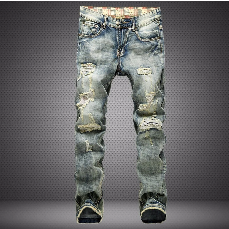 Men Ripped Hole Jeans Slim Fit Washed Denim Pants Pencil Trousers