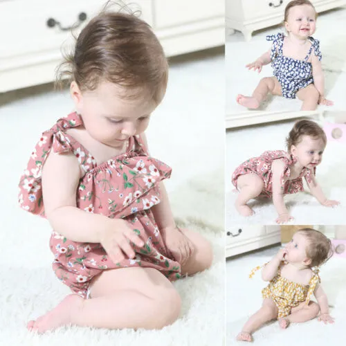 Baby Jumpsuit Sleeveless Tie Design Flower Printed Ruffle Romper