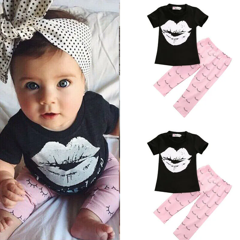 2PCS Baby Girl Outfits, Short Sleeve Cartoon Lips Print T-shirt + Trousers