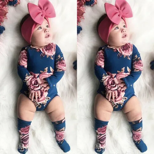 Newborn Baby Floral Clothes Set Long Sleeve Elastic O Neck Romper + Leg Warmers