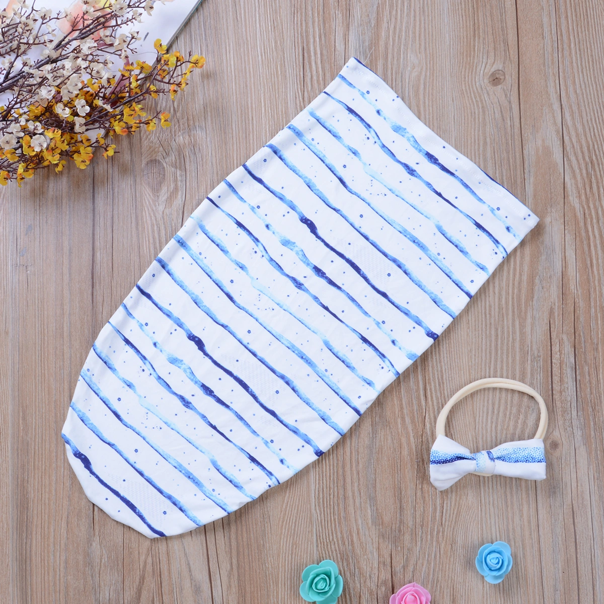 Baby Swaddle Wrap Blanket, Floral Sleeping Bag + Headband 2Pcs Set
