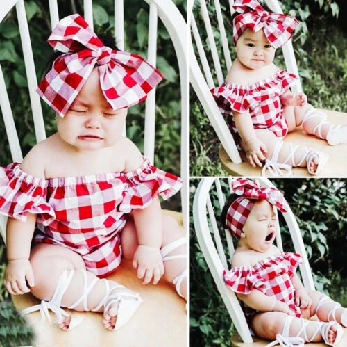 Baby Girl Casual Jumpsuit Red Lattice Bow Hair Ornaments Lightweight Romper