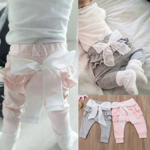 Girls Loose Long Pants, Ruffle Lace Bowknot Trousers, Solid Color Leggings