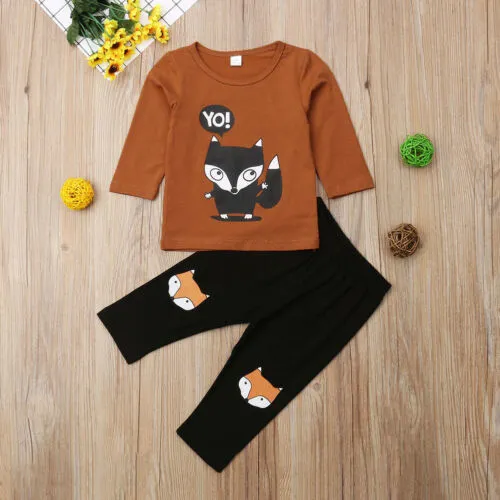 2 Pcs Newborn Boy Pants Sets, Fox Printed  Tops + Long Pants Outfits