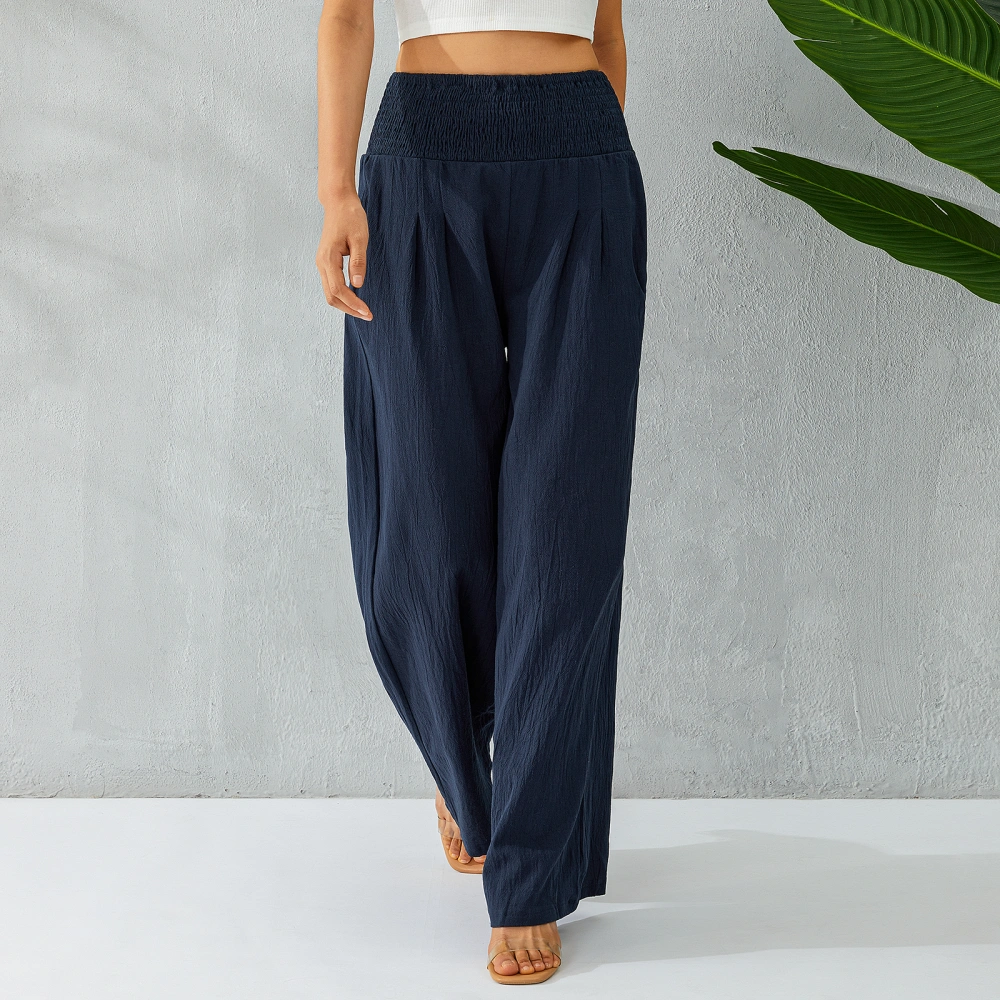 Summer Women Loose Long Trousers, Ruched Beach Wide Leg Pants