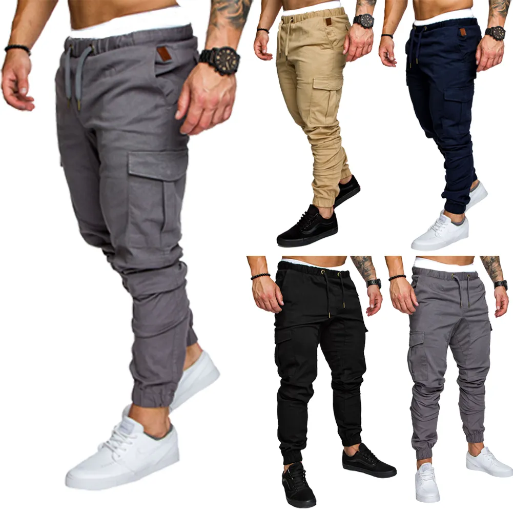 Men Casual Slim Sweatpants with Pockets Drawstring Elastic Waist Cargo Pants