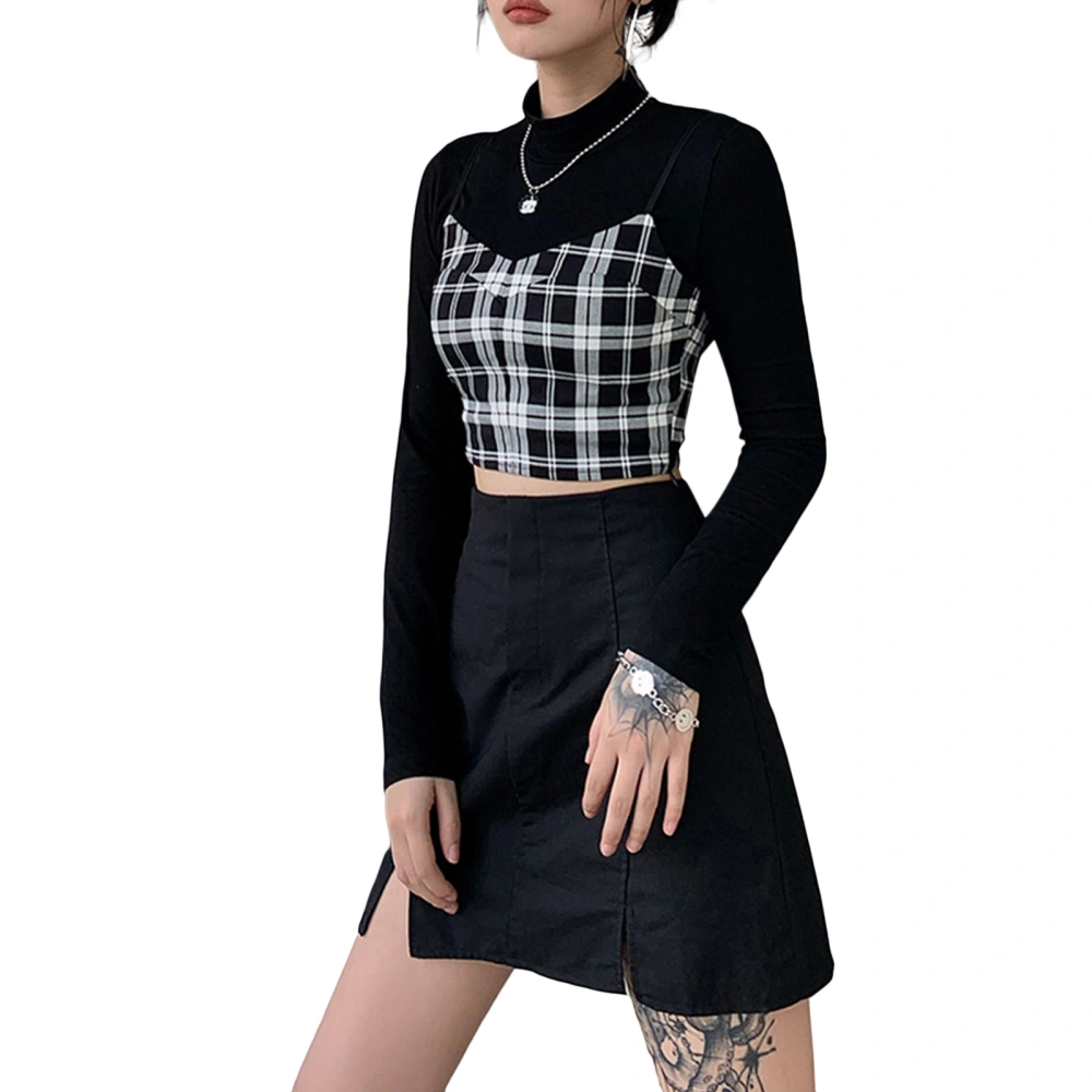 Women’s Long Sleeve Mock Neck Crop Top and Spaghetti Strap Plaid Camisole Set