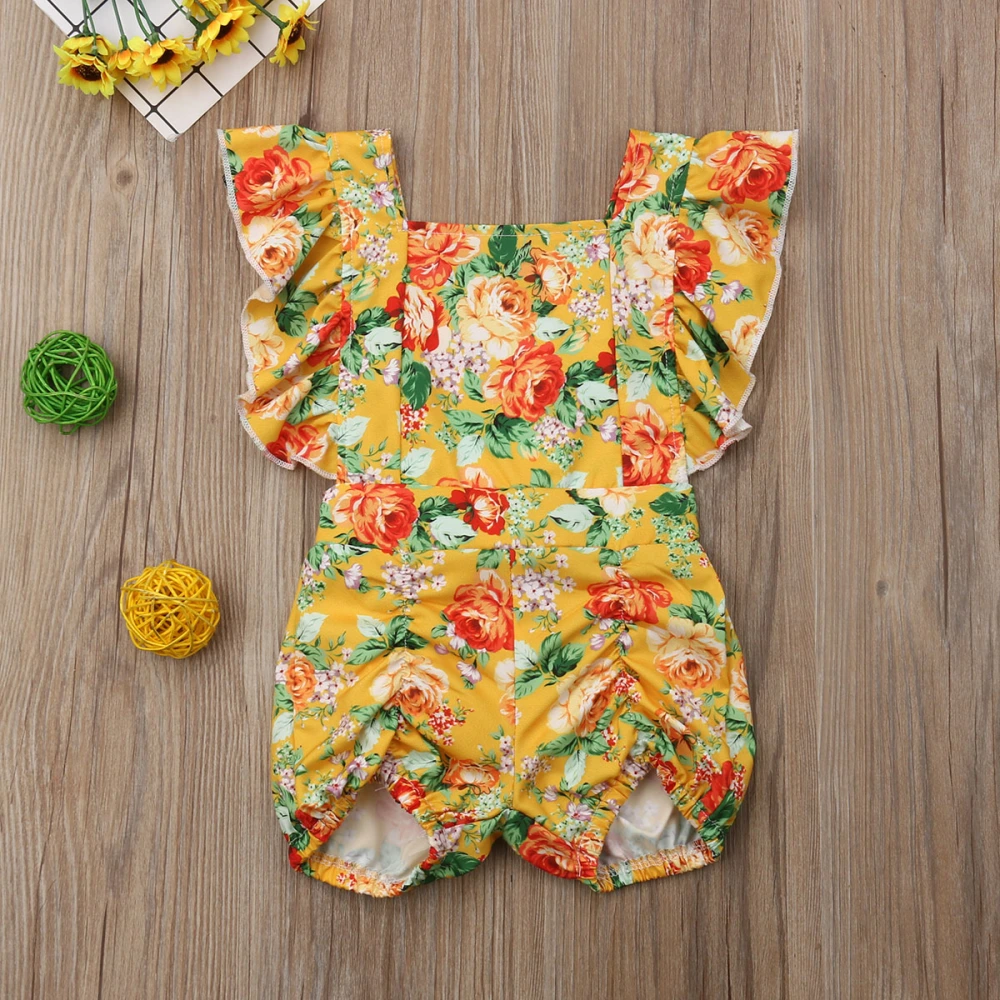 Toddler Summer Bodysuit, Floral Printed Square Neck Ruffled Jumpsuit