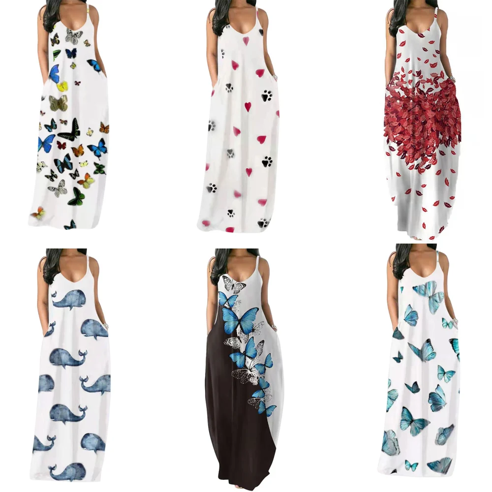 Lip/Butterfly/Heart/Dolphin Print Spaghetti Strap V-Neck Maxi Dress