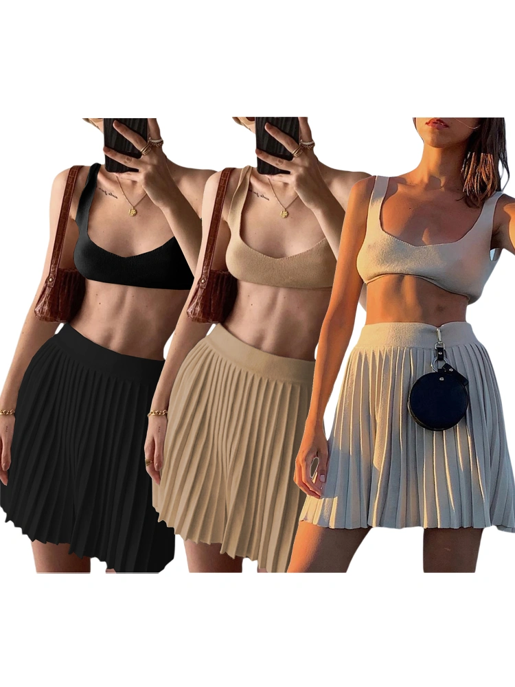 Women Fashion 2-piece Outfit Set Sleeveless Tops+Pleated Skirt Set