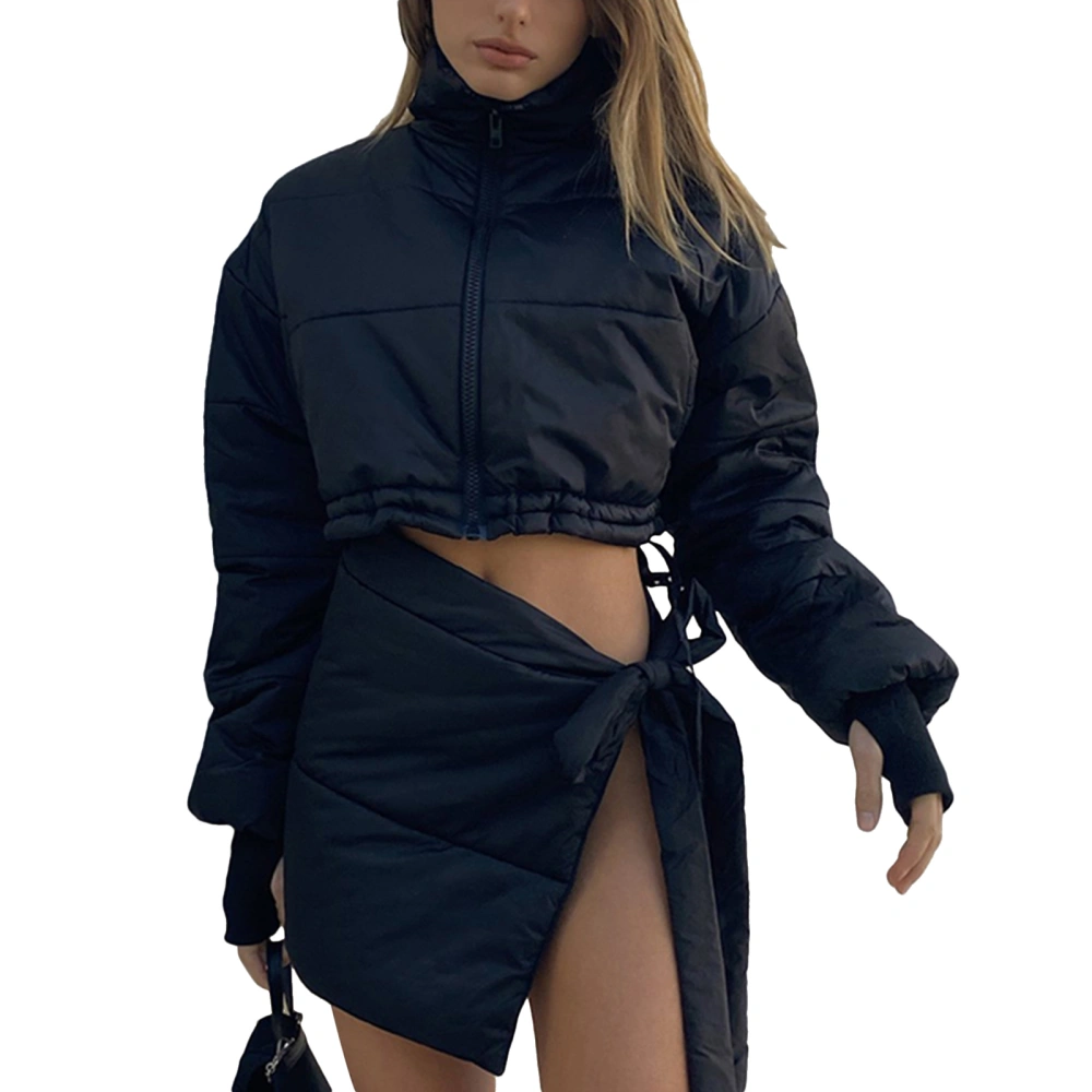 Female Solid Color Stand Collar Long Sleeve Crop Tops+ Split Skirt