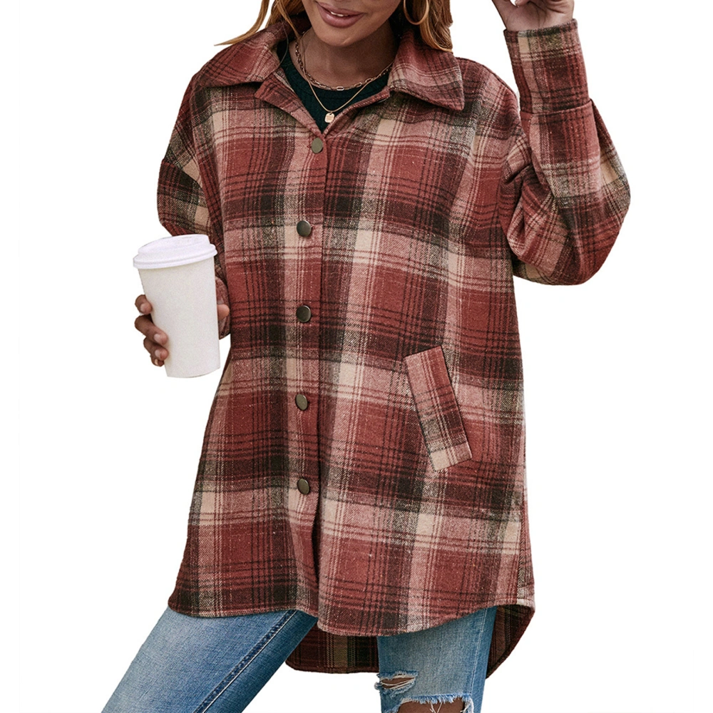 Women's Plaid Jacket, Long Sleeve Relaxed Fit Button Down Shirt Coat