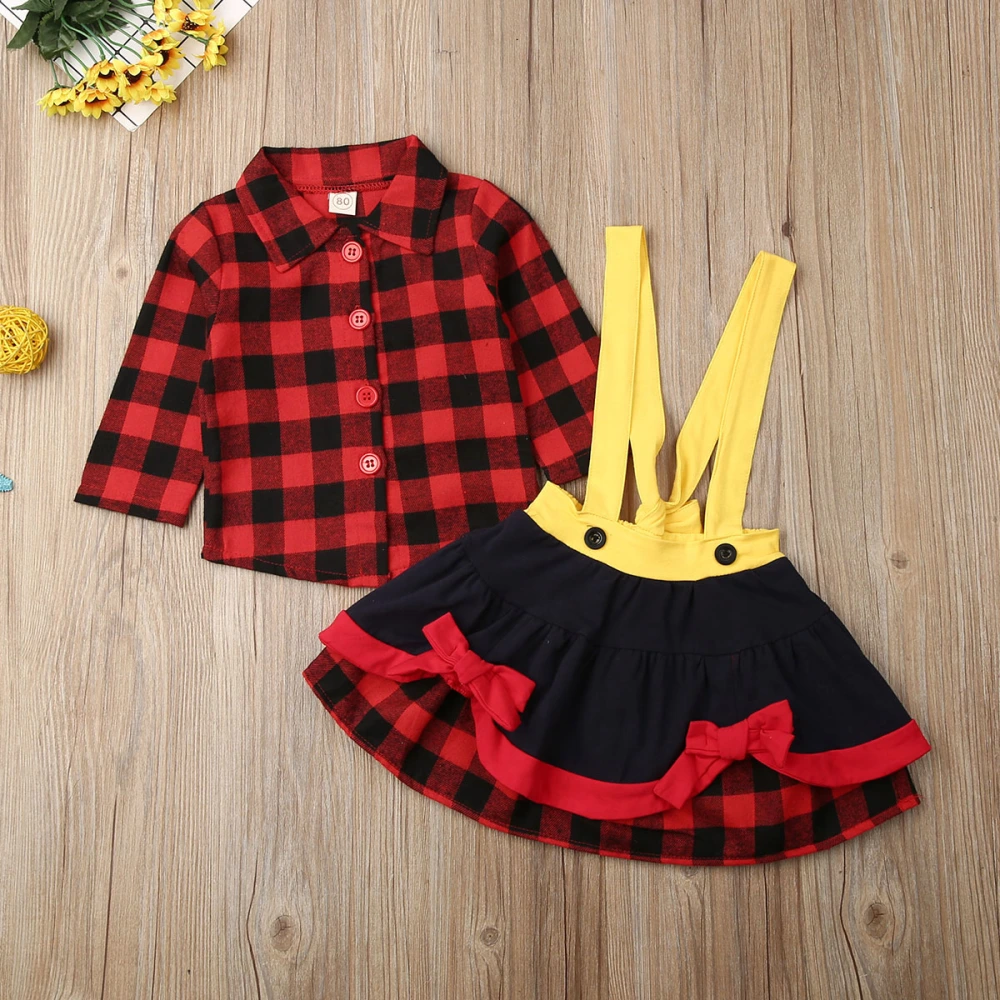 Girls Long Sleeve Turn Down Collar Plaid Shirt + Suspender Skirt