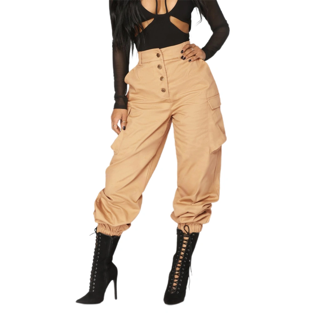 Women Cargo Pants, Button Closure Casual Street Solid Loose Trousers